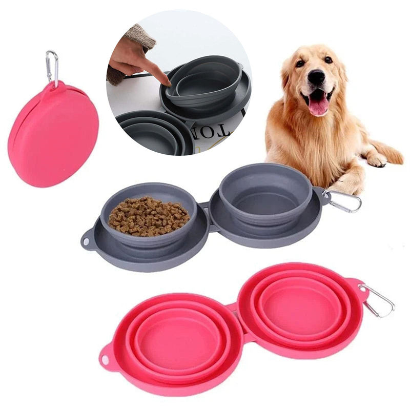 Foldable Double Pet Bowl – Travel Dog & Cat Food and Water Bowls with Non-Slip Silicone Mat